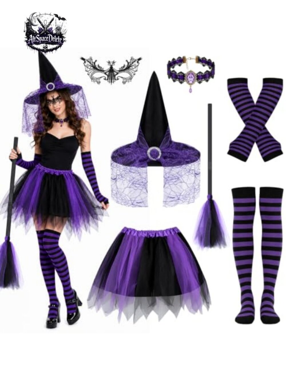 Witch Costume Set Gothic Tutu Skirt Hat Choker Cosplay Halloween